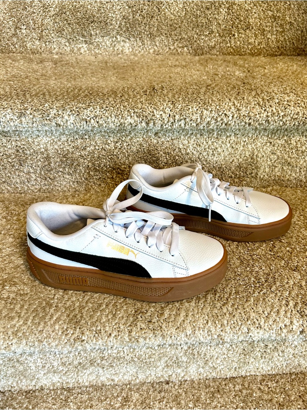 Puma White Sneakers with Black Stripe and Brown Gum Sole Gold Puma emblem
